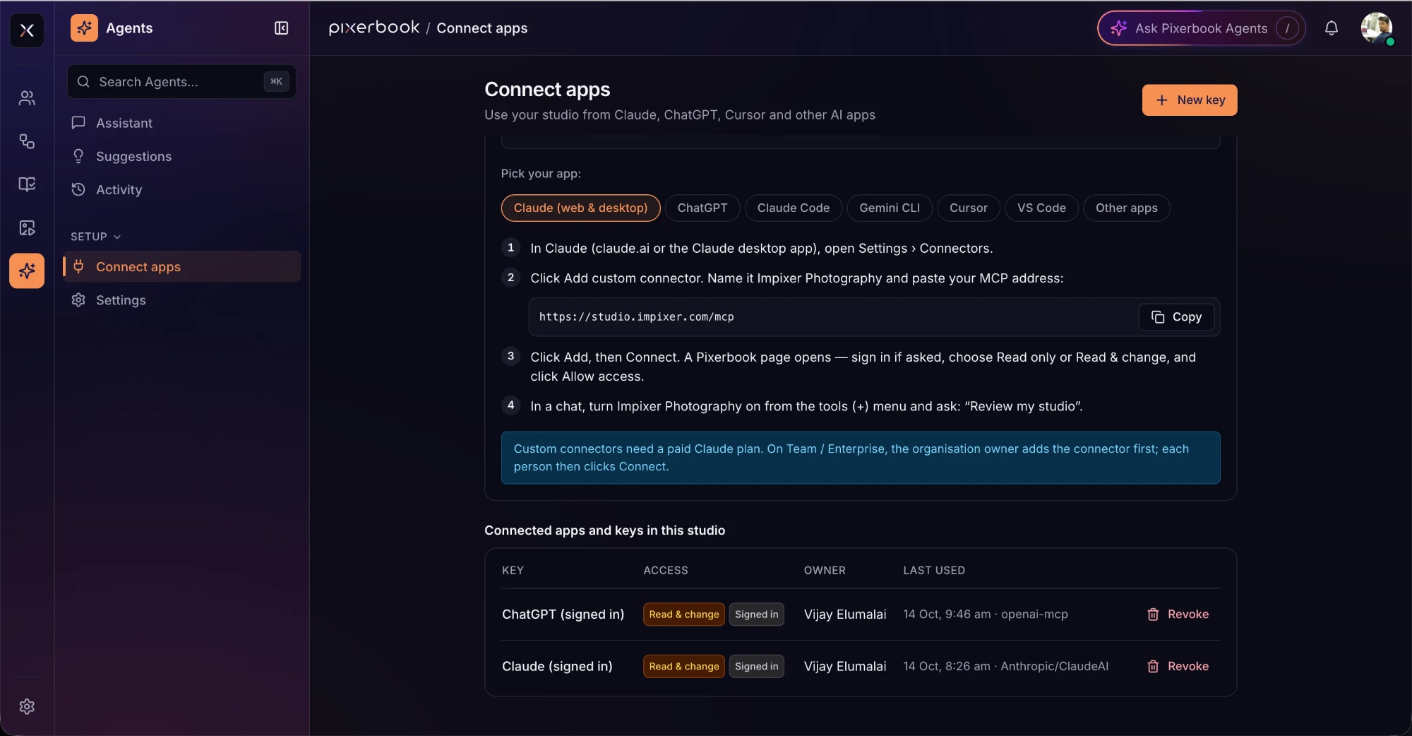 Pixerbook Agents, Connect apps: step-by-step setup for Claude with the studio’s MCP address to copy, app choices for ChatGPT, Claude Code, Gemini CLI, Cursor and VS Code, and a table of connected apps with their access level, owner, last use and a Revoke button.