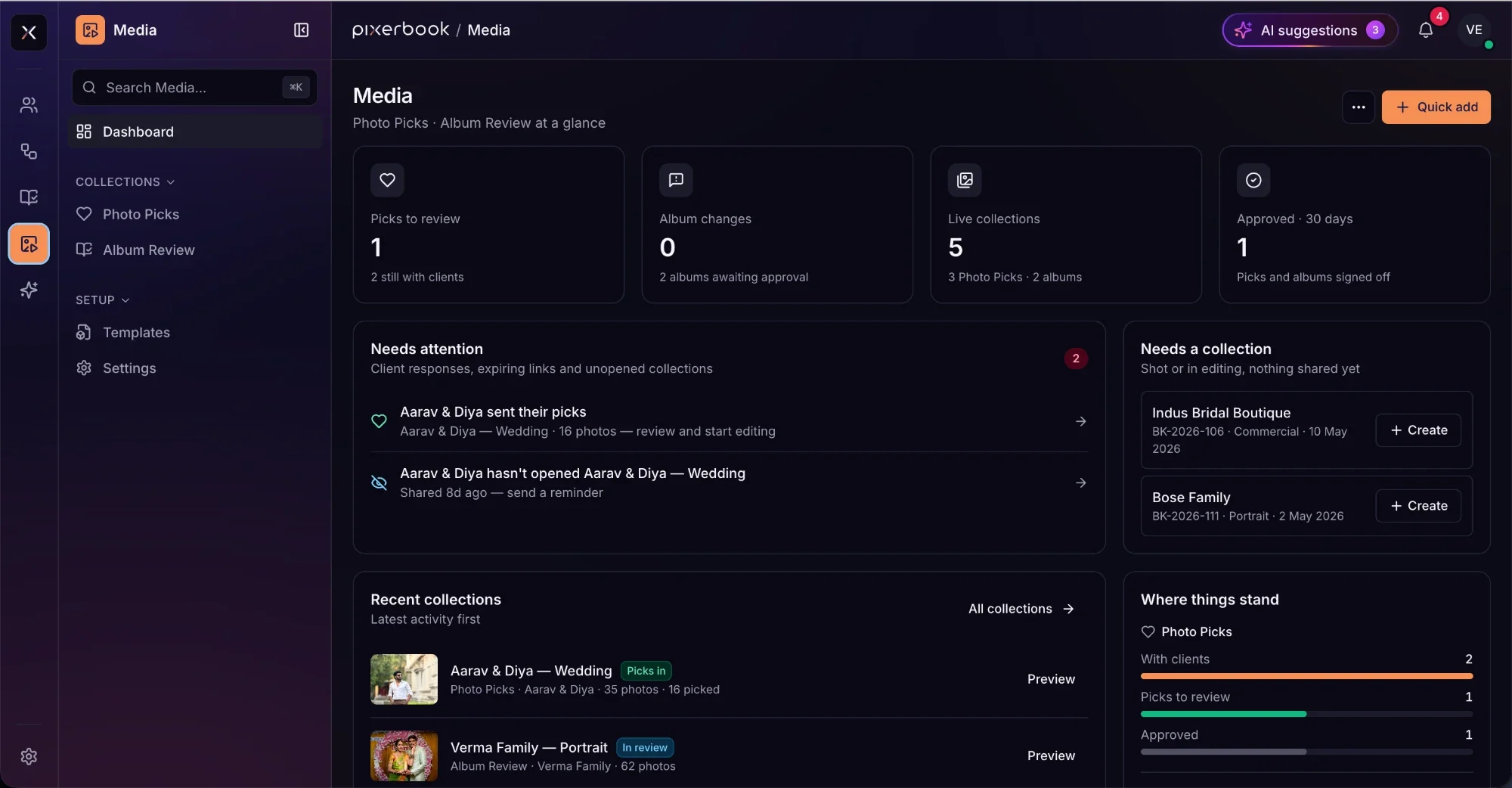 Pixerbook Media dashboard: picks to review, album changes, live collections and approvals, client responses needing attention, and bookings that need a collection.