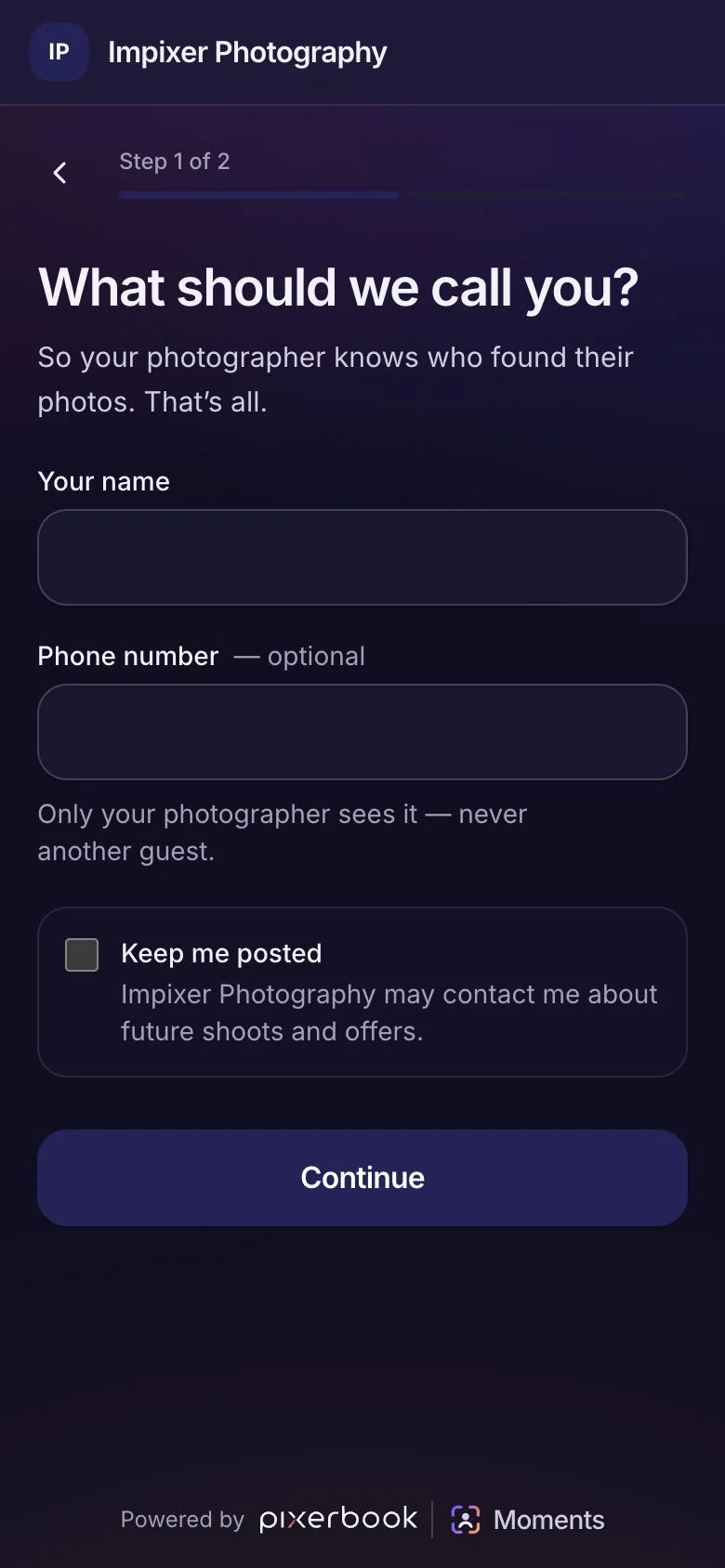 Moments step one: the guest enters their name and an optional phone number, with an opt-in to hear from the studio.